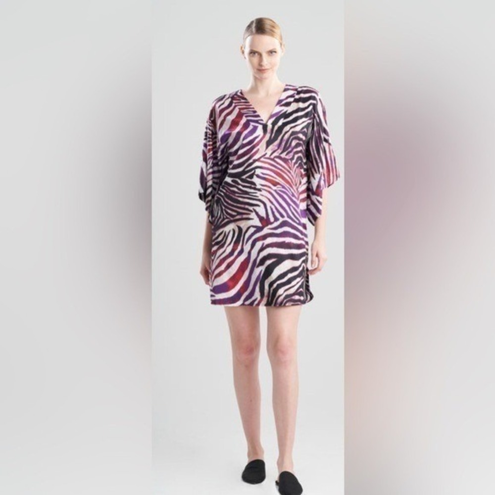 Natori Womens Zebra Print Satin V-Neck Kimono Sleeve Mini Dress Purple Red S